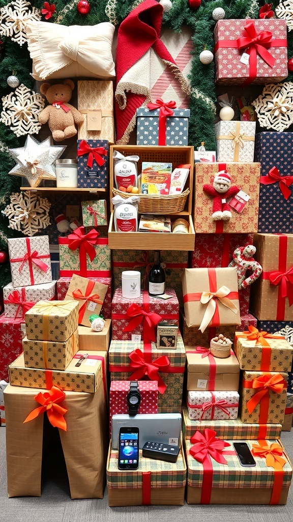 A festive arrangement of Christmas gifts representing different themes like cozy home, gourmet food, and tech gadgets.